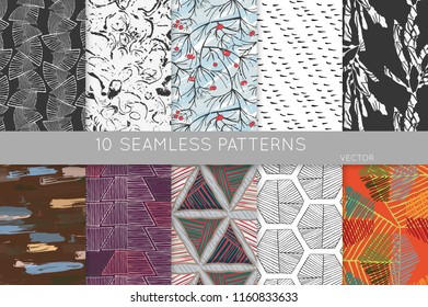 Collection of seamless patterns. Abstract design elements in set. Doodles with crayon and grunge texture roughly hand drawn.