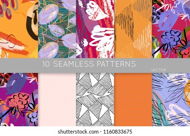 Collection of seamless patterns. Abstract design elements in set. Doodles with crayon and grunge texture roughly hand drawn.