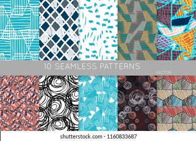 Collection of seamless patterns. Abstract design elements in set. Doodles with crayon and grunge texture roughly hand drawn.