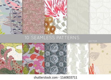Collection of seamless patterns. Abstract design elements in set. Doodles with crayon and grunge texture roughly hand drawn.