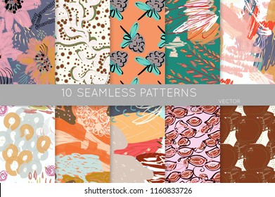 Collection of seamless patterns. Abstract design elements in set. Doodles with crayon and grunge texture roughly hand drawn.