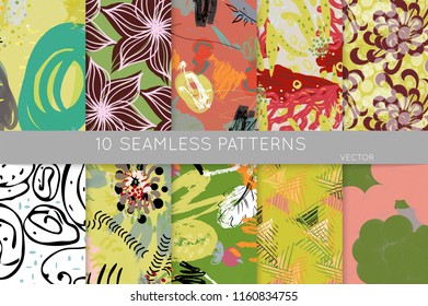 Collection of seamless patterns. Abstract design elements in set. Doodles with crayon and grunge texture roughly hand drawn.