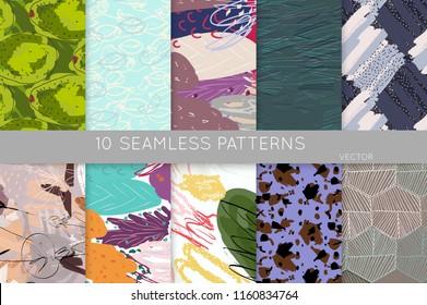 Collection of seamless patterns. Abstract design elements in set. Doodles with crayon and grunge texture roughly hand drawn.