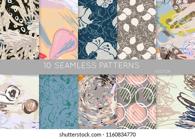 Collection of seamless patterns. Abstract design elements in set. Doodles with crayon and grunge texture roughly hand drawn.