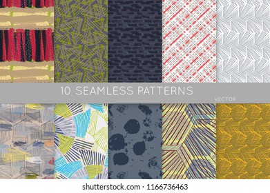 Collection of seamless patterns. Abstract design elements in set. Doodles with crayon and grunge texture roughly hand drawn.