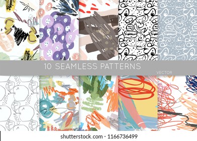Collection of seamless patterns. Abstract design elements in set. Doodles with crayon and grunge texture roughly hand drawn.