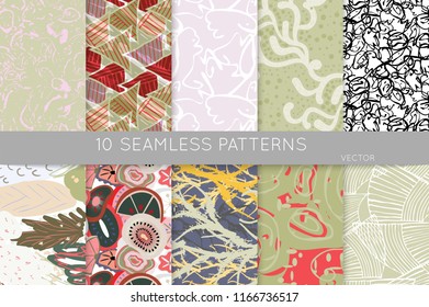 Collection of seamless patterns. Abstract design elements in set. Doodles with crayon and grunge texture roughly hand drawn.
