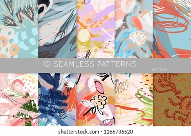 Collection of seamless patterns. Abstract design elements in set. Doodles with crayon and grunge texture roughly hand drawn.