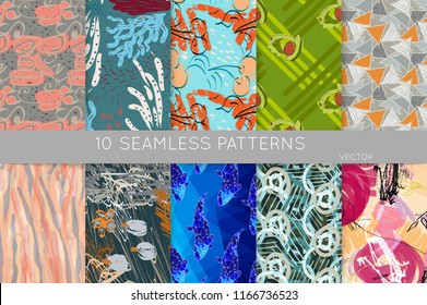 Collection of seamless patterns. Abstract design elements in set. Doodles with crayon and grunge texture roughly hand drawn.