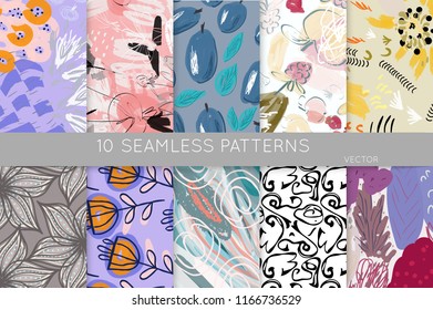 Collection of seamless patterns. Abstract design elements in set. Doodles with crayon and grunge texture roughly hand drawn.