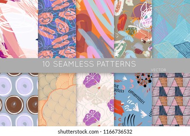 Collection of seamless patterns. Abstract design elements in set. Doodles with crayon and grunge texture roughly hand drawn.