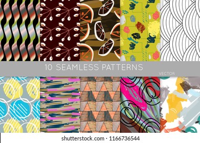 Collection of seamless patterns. Abstract design elements in set. Doodles with crayon and grunge texture roughly hand drawn.
