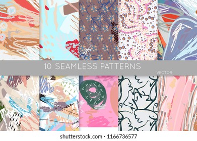 Collection of seamless patterns. Abstract design elements in set. Doodles with crayon and grunge texture roughly hand drawn.