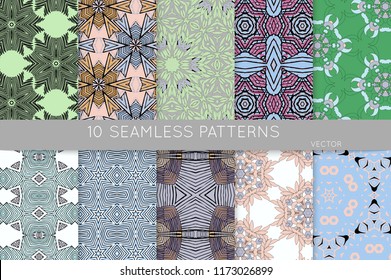 Collection of seamless patterns. Abstract design elements in set. Colored decorative repainting background with tribal and ethnic motifs 