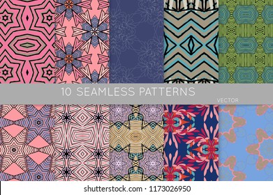 Collection of seamless patterns. Abstract design elements in set. Colored decorative repainting background with tribal and ethnic motifs 