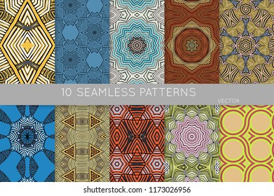 Collection of seamless patterns. Abstract design elements in set. Colored decorative repainting background with tribal and ethnic motifs 