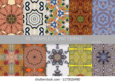 Collection of seamless patterns. Abstract design elements in set. Colored decorative repainting background with tribal and ethnic motifs 