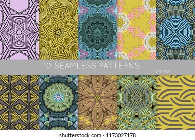 Collection of seamless patterns. Abstract design elements in set. Colored decorative repainting background with tribal and ethnic motifs