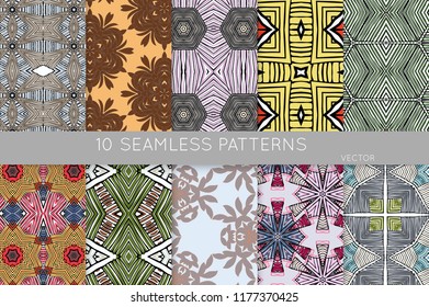 Collection of seamless patterns. Abstract design elements in set. Colored decorative repainting background with tribal and ethnic motifs 
