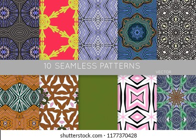 Collection of seamless patterns. Abstract design elements in set. Colored decorative repainting background with tribal and ethnic motifs 