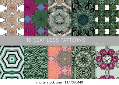 Collection of seamless patterns. Abstract design elements in set. Colored decorative repainting background with tribal and ethnic motifs 