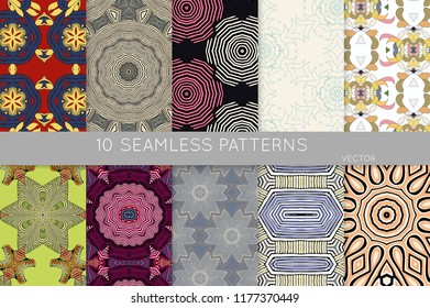 Collection of seamless patterns. Abstract design elements in set. Colored decorative repainting background with tribal and ethnic motifs 
