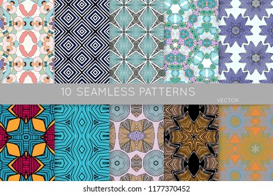 Collection of seamless patterns. Abstract design elements in set. Colored decorative repainting background with tribal and ethnic motifs 