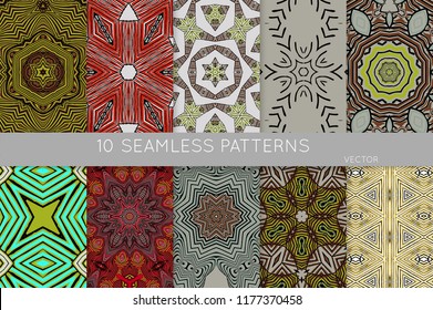 Collection of seamless patterns. Abstract design elements in set. Colored decorative repainting background with tribal and ethnic motifs 