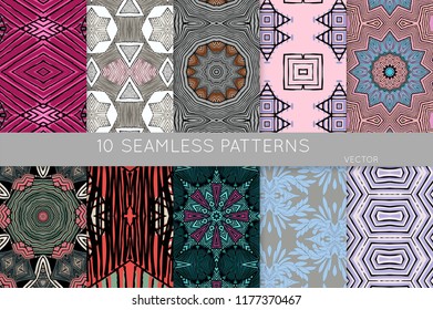 Collection of seamless patterns. Abstract design elements in set. Colored decorative repainting background with tribal and ethnic motifs 