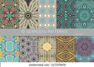 Collection of seamless patterns. Abstract design elements in set. Colored decorative repainting background with tribal and ethnic motifs 