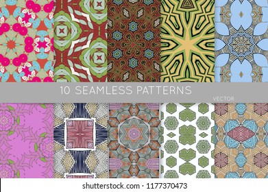 Collection of seamless patterns. Abstract design elements in set. Colored decorative repainting background with tribal and ethnic motifs 