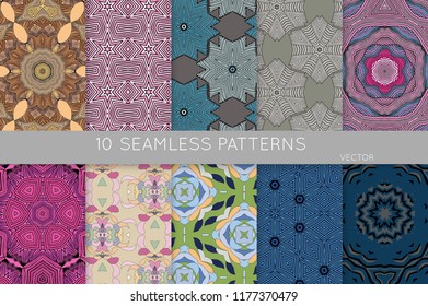 Collection of seamless patterns. Abstract design elements in set. Colored decorative repainting background with tribal and ethnic motifs 