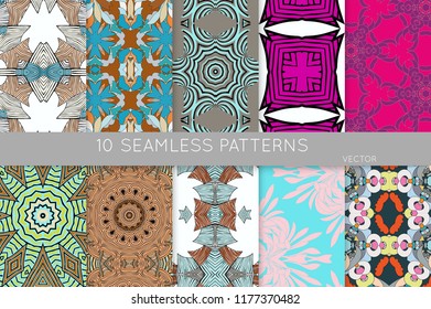 Collection of seamless patterns. Abstract design elements in set. Colored decorative repainting background with tribal and ethnic motifs 