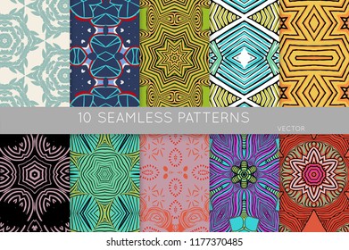 Collection of seamless patterns. Abstract design elements in set. Colored decorative repainting background with tribal and ethnic motifs 