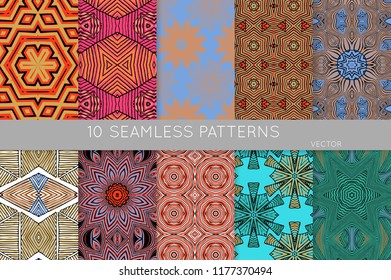 Collection of seamless patterns. Abstract design elements in set. Colored decorative repainting background with tribal and ethnic motifs 