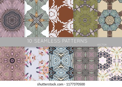 Collection of seamless patterns. Abstract design elements in set. Colored decorative repainting background with tribal and ethnic motifs 