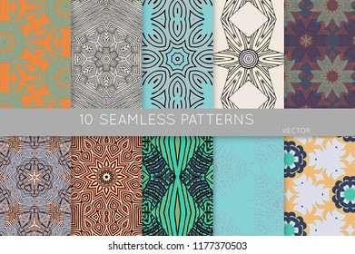 Collection of seamless patterns. Abstract design elements in set. Colored decorative repainting background with tribal and ethnic motifs 