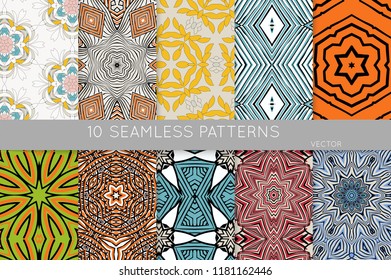 Collection of seamless patterns. Abstract design elements in set. Colored decorative repainting background with tribal and ethnic motifs 
