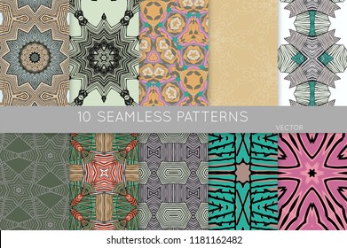 Collection of seamless patterns. Abstract design elements in set. Colored decorative repainting background with tribal and ethnic motifs 