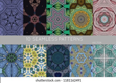 Collection of seamless patterns. Abstract design elements in set. Colored decorative repainting background with tribal and ethnic motifs 