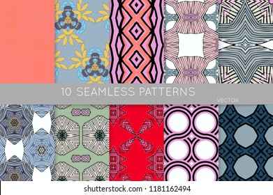 Collection of seamless patterns. Abstract design elements in set. Colored decorative repainting background with tribal and ethnic motifs 