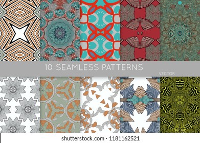 Collection of seamless patterns. Abstract design elements in set. Colored decorative repainting background with tribal and ethnic motifs 