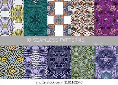 Collection of seamless patterns. Abstract design elements in set. Colored decorative repainting background with tribal and ethnic motifs 