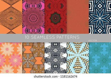 Collection of seamless patterns. Abstract design elements in set. Colored decorative repainting background with tribal and ethnic motifs
