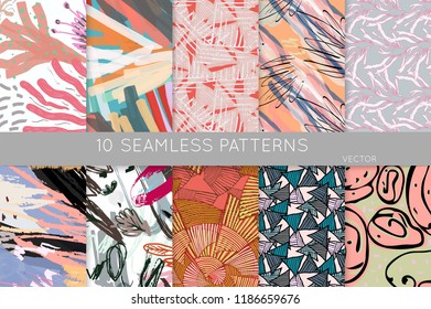 Collection of seamless patterns. Abstract design elements in set. Doodles with crayon and grunge texture roughly hand drawn.