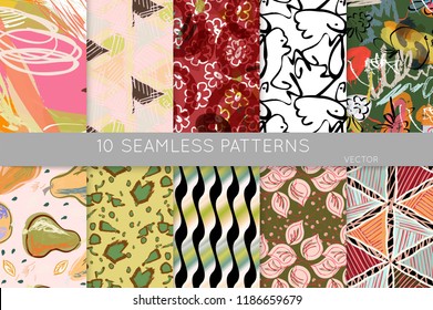 Collection of seamless patterns. Abstract design elements in set. Doodles with crayon and grunge texture roughly hand drawn.