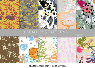 Coleção de padrões sem costura. Elementos de design abstratos no conjunto. Rabiscos com giz de cera e textura grunge desenhados à mão grosso.