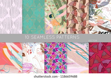 Collection of seamless patterns. Abstract design elements in set. Doodles with crayon and grunge texture roughly hand drawn.