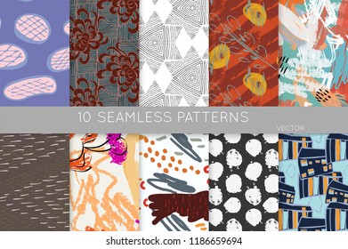 Collection of seamless patterns. Abstract design elements in set. Doodles with crayon and grunge texture roughly hand drawn.