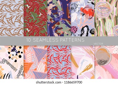 Collection of seamless patterns. Abstract design elements in set. Doodles with crayon and grunge texture roughly hand drawn.